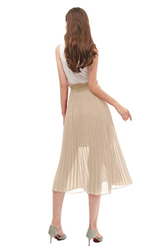 Goobgs Women's Pleated A-Line High Waist Swing Flare Midi Skirt Beige Small/Medium #TOP4