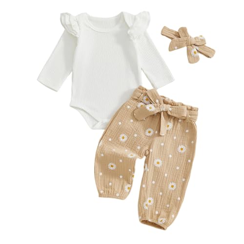 Image of Kaipiclos Newborn Infant Girl Clothes Rib Knit Ruffles Long Sleeve Romper Daisy Pants Baby Clothes for Girls 0 3 6 12 18 24M