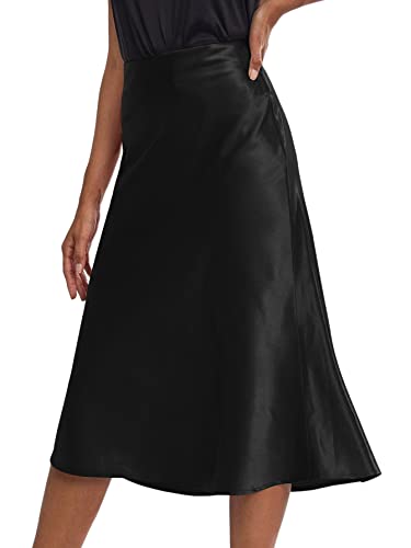 Rooscier Women's Silky Satin High Waist A Line Flared Zipper Elegant Midi Skirt3