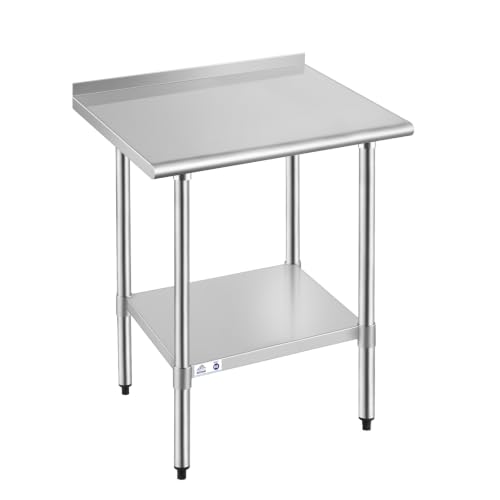 Image of ROCKPOINT Stainless Steel Table for Prep & Work with Backsplash 24x30 Inches, NSF Metal Commercial Kitchen Heavy Duty Table with Adjustable Under Shelf and Table Foot for Restaurant, Home and Hotel