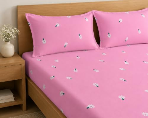 Image of LOOMLYFE 300 TC Microfiber Soft Cotton Bedsheet for Double Bed, Size 90X100 Inches with 2 Large Size Pillow Covers Without Joint - PinkSmallFlower