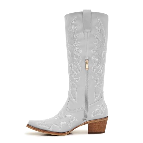Image of Uillnoodu Women's Turquoise Cowgirl Boots - Wide Calf Mid Calf Western Boots Plus Size Embroidered Cowboy Style with Block Heel