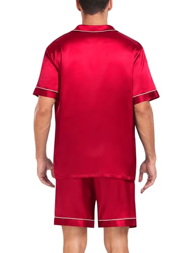 Image of SWOMOG Men Silk Pajama Set Short Sleeve Satin PJs Sets 2 Piece Button Down Sleepwear Soft Summer Loungewear with Pockets