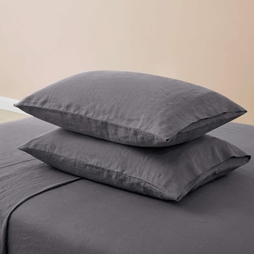 Image of ATLINIA 100% Pure Flax Linen Bedding Set - Stone Washed French Linen Fabric Deep Pocket Fitted Sheet Farmhouse Flat Sheet 2 Pillowcases (Dark Grey, Full)