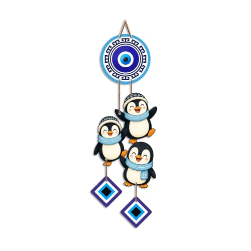 Image of Artvibes Penguin Family Evil Eye Wall Hanging Decor for Kids Room | Living Room | Bedroom | Cute Nazar Battu Protection Ornament | Positive Energy Wall Accent Gift (WH 85147N)
