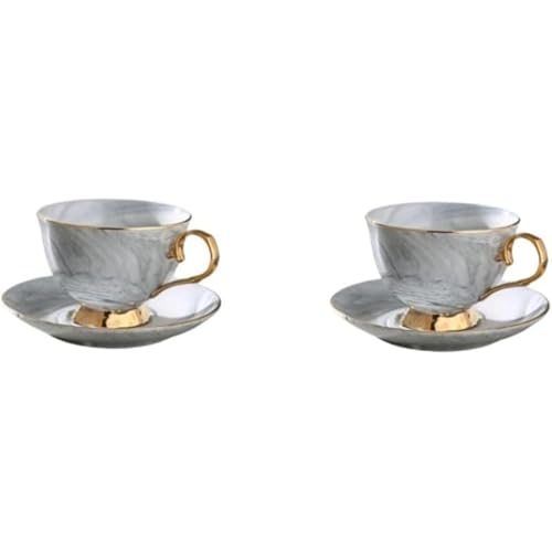 GEBYUI マーブル柄陶磁器製湯呑み & ソーサーセット 200 ミリリットル 食品用陶磁器素材に艶出し釉面 断熱性に優れ コーヒー・お茶に最適 家庭用・業務用両対応 実用性と装飾性を兼ねた贈り物にも最適なセット