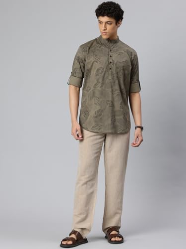 Image of Majestic Man Men's Pure Cotton Printed Mandarin Collar Regular Fit Roll-Up Sleeves Short Kurta