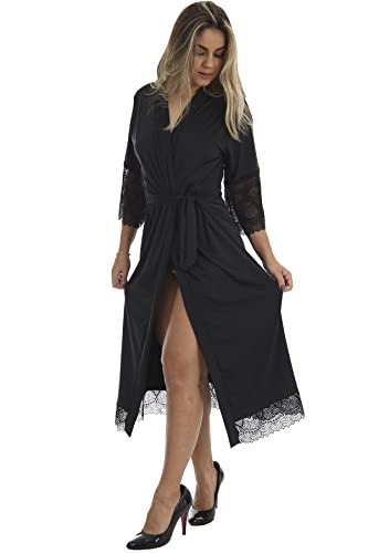 Robe Medusa Longo de Microfibra Light e Renda Feminino (Preto, M)