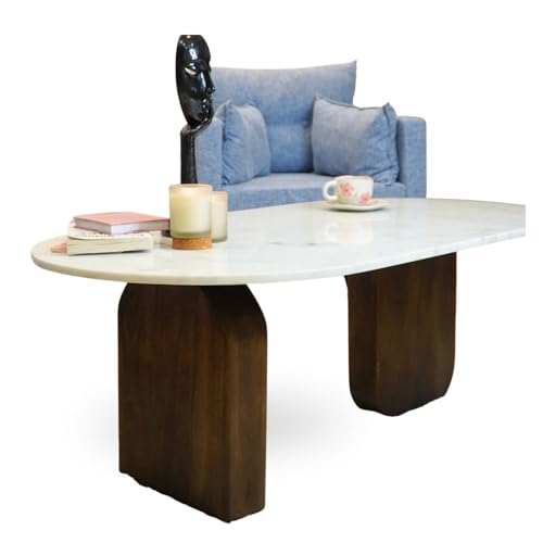 Image of Gharaana Ohana Wooden Modern Centre Table for Living Room (40x20x16 inch) Solid Mango Wood, White Marble Top | Chestnut Brown | Rectangular Luxury Coffee Table