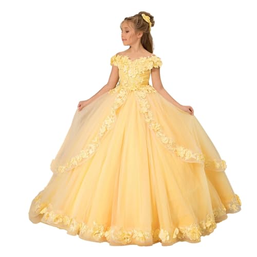 Flower Girl Dress Floral Appliques - Floor Length Puffy Tulle Princess Pageant Dresses for Girls Ball Gown2