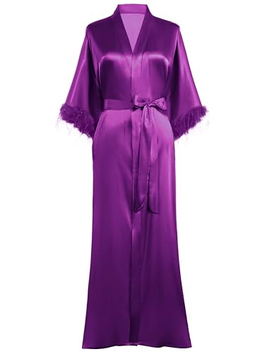 PRODESIGN Satin Kimono Robe Long Silky Bathrobe with Ostrich Feather Trim Sleepwear Wedding Bridesmaid Dressing Gown