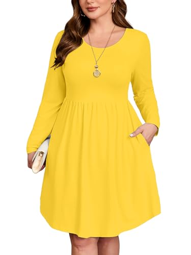 Image of AusLook Women's Plus Size Long Sleeve Midi Dress Casual Empire Waist Loose Flowy Dresses A-Line Boho Long Dress with Pockets
