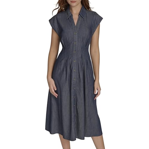 Image of Tommy Hilfiger Women's Cap Sleeve Collared Waist Pleating A-Line Midi Shirt Dress