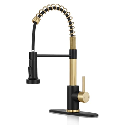 KHQF Kitchen Faucet with Pull Down Sprayer Commercial Single Handle Stainless Steel Kitchen Faucets with Deck Plate (Brush Gold&Black)