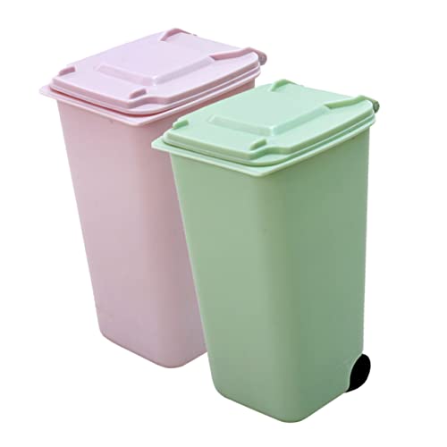 Image of 2pcs Mini Trash Can with Lid Compact Pink Desktop Trash Holder for Office Bedroom Kitchen and Car Multi-Functional Wastebasket Pen Organizer