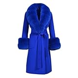 Women's double-faced cashmere wool coat with genuine fur collar, winter outerwear with belt slim fit, elegant long coat (Royal blue,Small)
