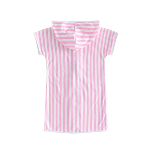 Image of Girls Boys Hooded Terry Coverups One Piece Swimsuits Summer Striped Trim Zip Up Short Sleeve Swim Cover Up Beachwear