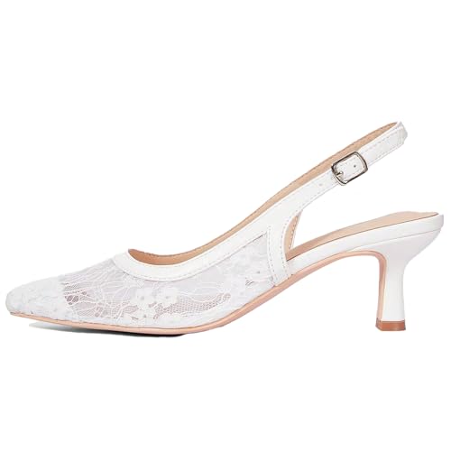 Women's Mesh Lace embroidery Kitten Heel Slingback Pumps with Adjust Ankle strap Summer Sexy Backless Low heel Closed Pointed Toe Sandals for Party Prom Wedding Bridal Evening