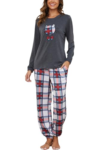 Reliwel Pyjama Femme Coton Ensembles de Pyjama Femme Hiver Chaud Haut Col Rond Manches Longues et Bas de Pyjama à Carreaux Vêtements de Nuit 2 Pièces Confortable Détente