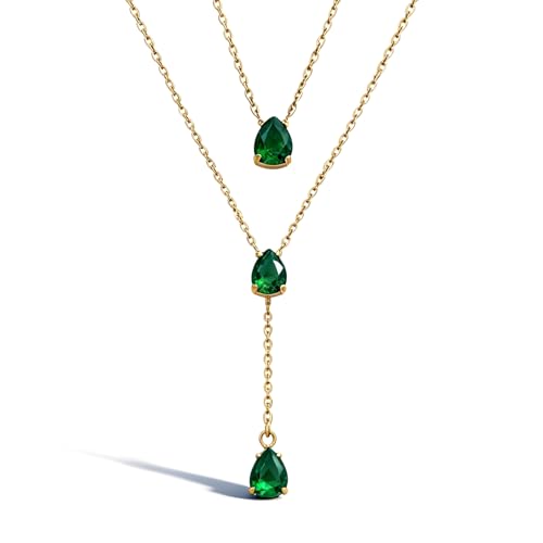 Layered Necklace for Women Green Red Blue Pink Teardrop Long Gold Double Layer Y Lariat Necklace with Crystal Emerald Ruby Pendant Statement Dainty Elegant Trendy Birthday Jewelry Accessories Gift
