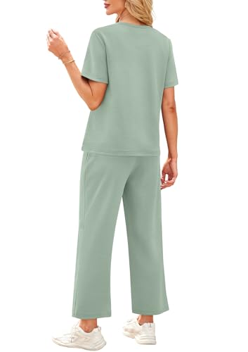 Image of WIHOLL 2 Piece Sets for Women Casual Summer Travel Vacation Outfits Short Sleeve Wide Leg Crop Pants Lounge Sets