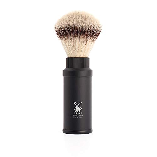 MÜHLE Travel Black Aluminum Silvertip Fibre Shaving Brush – Portable Synthetic Luxury Shave Brush for Men, Rich Lather