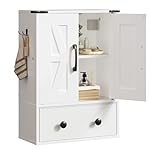 Bathroom Wall Cabinet, Medicine Cabinet with Fabric Drawer, Double-Door Wall Mounted Storage Cabinet, 2 Hooks, Over The Toilet Space Saver Storage Cabinet, for Bathroom, Kitchen, White