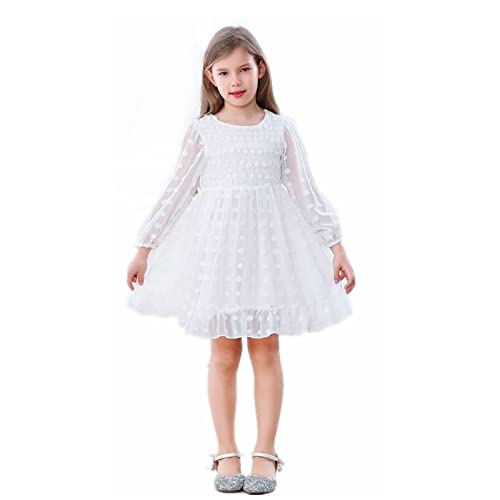 Girls Chiffon Dress Swiss Dot Solid Pom Poms Flutter Ruffle Skirt Hem Long Sleeve Lace Frocks 5-13T Girl Casual Dresses