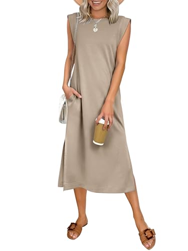ANRABESS Womens Summer Casual Midi Dress Sleeveless Crewneck Loose Split