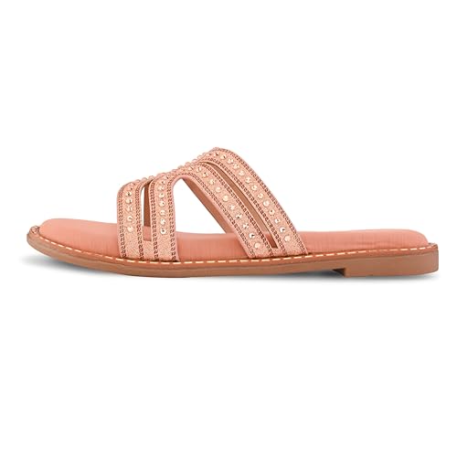 Image of Centrino Women's Beaded Flat Sandals| Open Toe Stylish Slip-On Sandals for Ladies | Metallic Crisscross Straps with Soft Cushioned Footbed for Comfort | Lightweight Casual Fashion Footwear (9305)