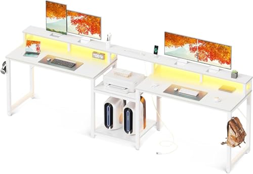 Casaottima 98 Inch 2 Person Gaming Desk with Storage Shelves, Long Double Home Office Computer Writing Desks with USB Charging Port & LED Lights, Monitor Stand, Modern Study/Work Table, White