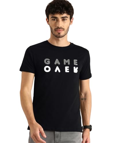 Image of Bewakoof Men's Game Over Minimal Typography Hooded Half Sleeve T-Shirt