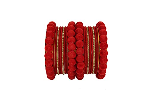 Image of NMII Stylish Metal with Golden Zircon Stone & Velvet Balls Bangles Set For Women and Girls | Fancy Designer Bangles | Short Velvet Chuda Set | Women's Fashion Jewellery