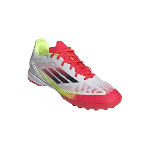 adidas Tênis de futebol unissex adulto F50 League Turf, Branco/preto/amarelo solar, 11.5 Women/10.5