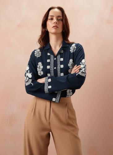 Image of Bee M Pee Designer Women's Embroidered Korean Crop Shirt | Full Bell Sleeves Western Tops for Woman Stylish | Oversized Formal /Casual /Office Wear Cotton Shirts Top for Women