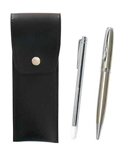 丸ボタン式日本製ペンケース黒 金属製指示棒とエレガントシルバー回転ボールペンセット BRSB-701S-LF01CB