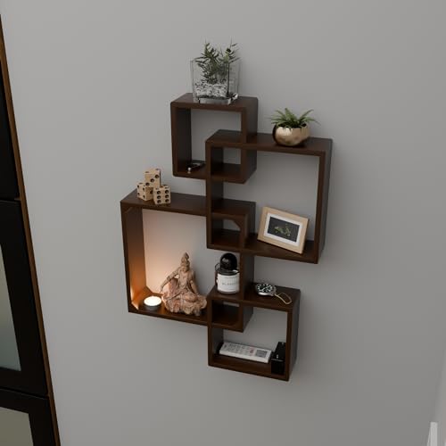 Image of ETIQUETTE ART Engineered Wood Floating Cube Shelves - Intersecting Wall Mounted Box Shelves for Bedrooms, Living Rooms & More - Set of 4 (Brown)