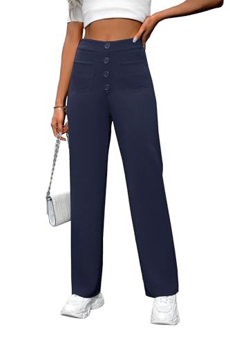 AIFARLD Straight Leg Pants for Women Flexipants High Waisted Button Stretchy Trousers Multiple Pockets Business Work Casual3