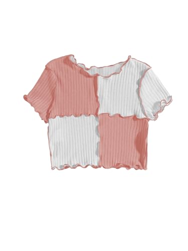 Image of Milumia Girl's Rib Knit Color Block Crop Tee Short Sleeve Lettuce Trim Crewneck Tshirt