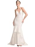 Ever-Pretty Women's Mermaid Deep V Neck Sleeveless Fishtail Sweep Train Wedding Dresses for Bride White XL