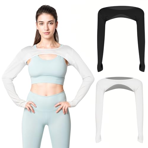 2 Pcs Women's Bolero Workout Top, Cutout Long Sleeve Crop Top Open Front Workout Shrug Ballet Yoga Sports Shrug Casual Cropped Tops(Black, White)