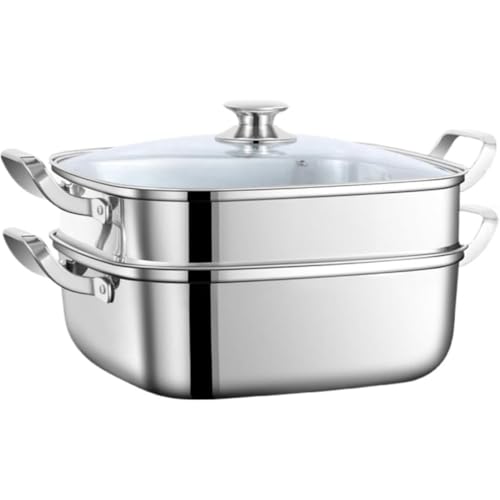 Kovwenz 316ステンレス製 四角形蒸し器 大容量 2層/3段構造 IH・ガスコンロ対応 均一加熱 省エネ設計 手入れ簡単 家庭用 調理器具 (二層:30*30*29cm,ステンレス色)