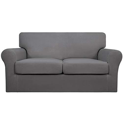 Image of Easy-Going 3 Pieces Stretch Loveseat Couch Cover for 2 Cushion Washable | Sofa Slipcover for Stretch 2 Separate Sectional Cushion Couch - Furniture Protector for Pets, Kids Light Gray
