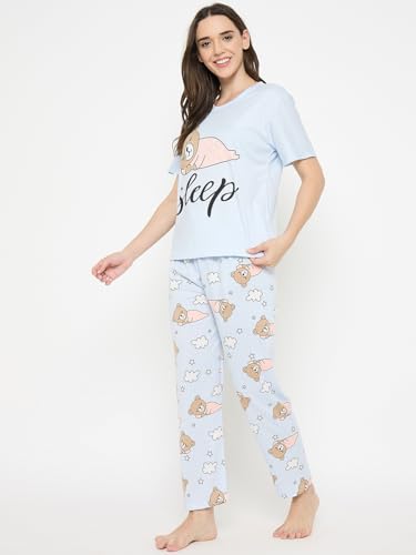 Image of CAMEY Women's Printed Pyjama Set, Short Sleeve T-Shirt and Trousers, Women Nightsuit, Loungewear Sets