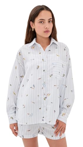 En Saison Women's Nicole Button Up Top, White Blue Multi,