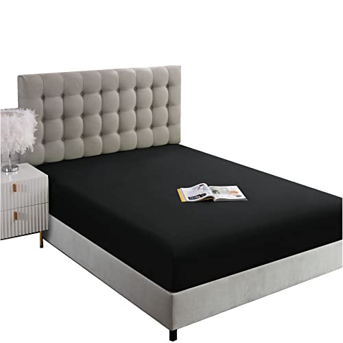 Image of Ghooss Full Size Fitted Sheet,Hotel Quality Bedding Fitted Sheet Deep Pocket up to 14 Inch,Wrinkle and Fade Resistant,1 Piece,Black
