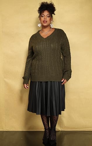 Image of CARCOS Plus Size Sweaters for Curvy Women Long Sleeve Cable V Neck Sweater Knit Pullover Preppy Style Fall Winter XL-5XL
