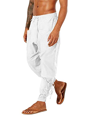 Gafeng Herren Piratenhose aus Leinen, mit Kordelzug, elastische Taille, lockere Passform, Kostüm mit Taschen, White, XXL Cover