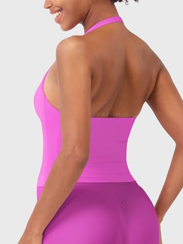Image of YEOREO SoftHue Women's Impact Halter Tank Top Longline Backless Scoop Neck Built-in Bra Sports Workout Gym Crop Top