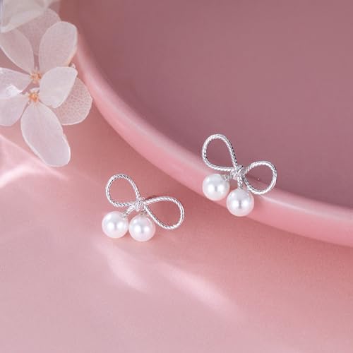 Reffeer Solid 925 Sterling Silver Bow Stud Earrings Ribbon for Women Teen Girls Bowknot Stud Earrings Pearls4